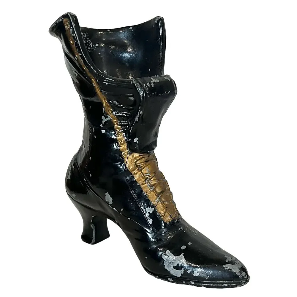 Vintage Cast Iron Vase Victorian Ladies Boot Planter Black Gold Distressed 9.5